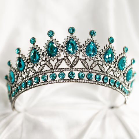 Saya's Tiara in Aquamarine Teal Blue & Antique Gold